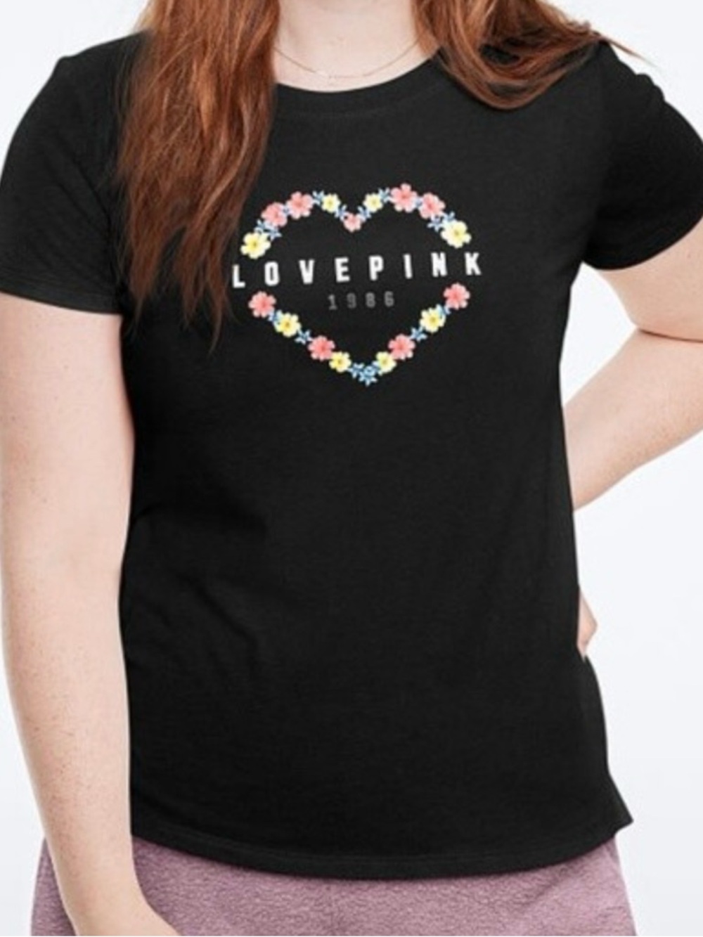PINK Victoria's Secret Black Short-Sleeve Tee with Floral Heart 'LOVE PINK'